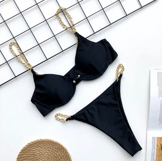 Black Bikini Set With Gold Chain Straps