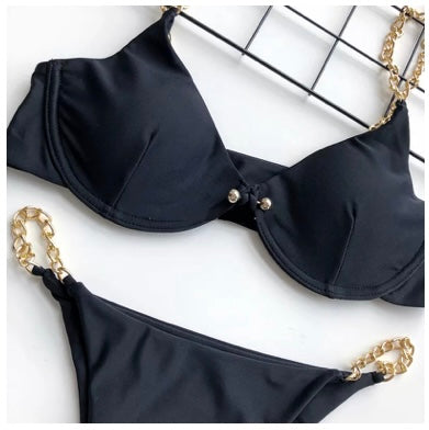 Black Bikini Set With Gold Chain Straps