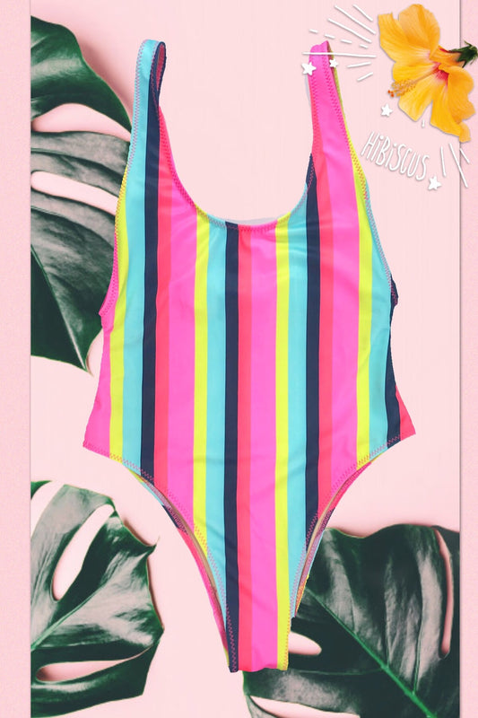 wendolin-designs - Wendolin Designs - Swimsuit - A One Piece High Leg Cut Swimsuit - Pink Multi Color Striped Swimsuit